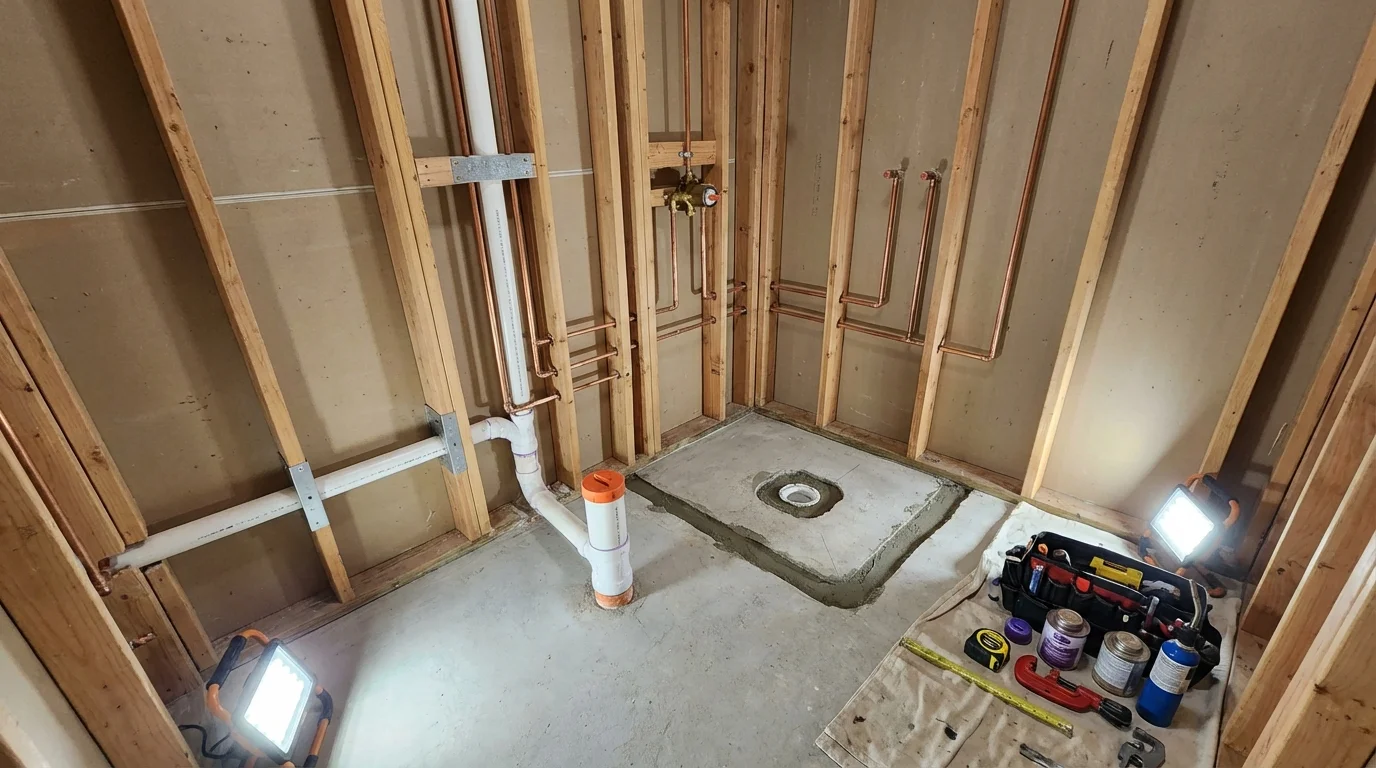 Bathroom rough-in plumbing during remodel by Johns Plumbing LLC in Valdese