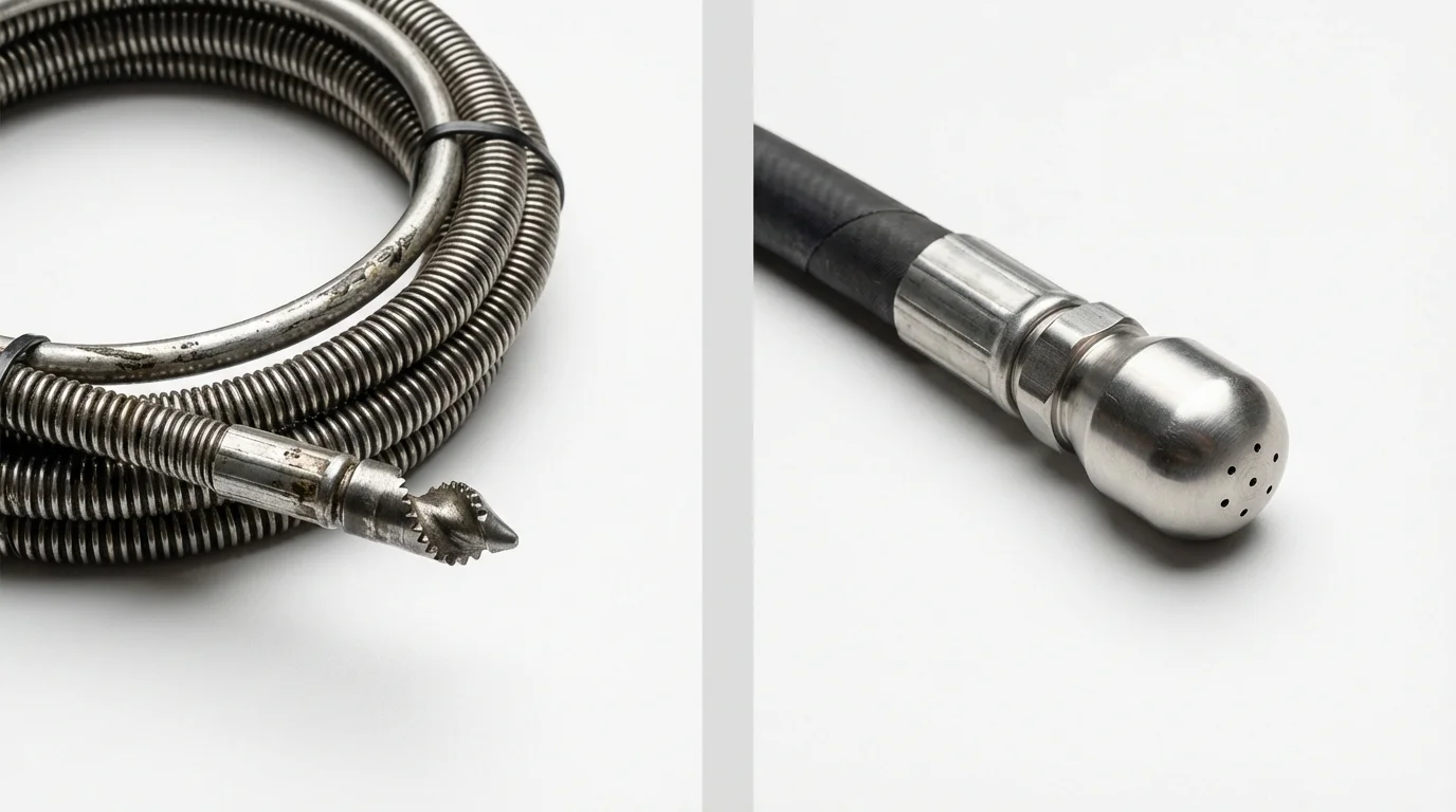 Drain snake cable and hydro jetting nozzle used for drain cleaning in Valdese, NC