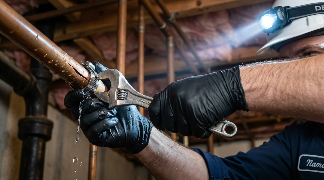 Emergency pipe clamp repair being performed by a Johns Plumbing LLC plumber in Valdese