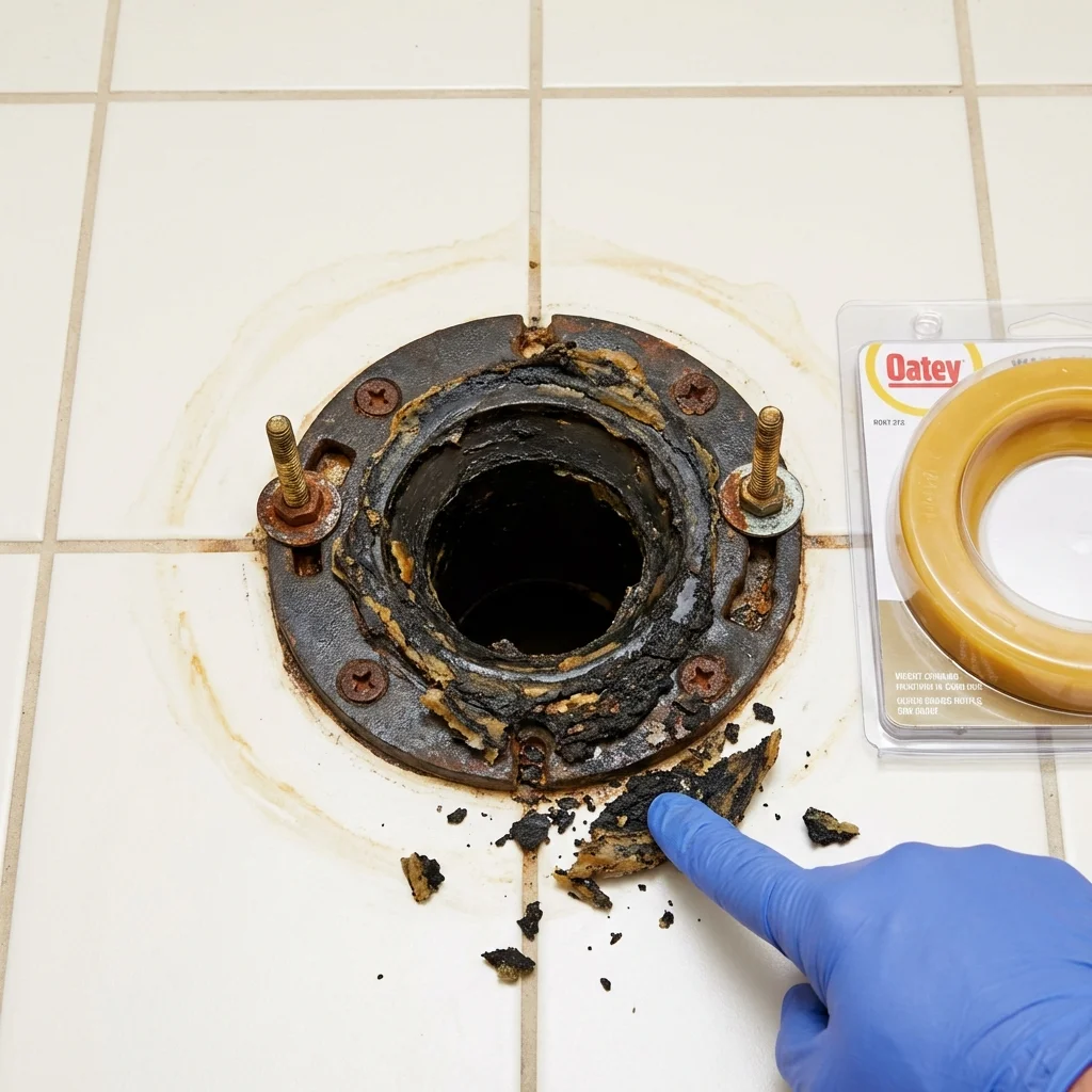 Failed wax ring showing water seepage at the base of a toilet in a Valdese, NC home
