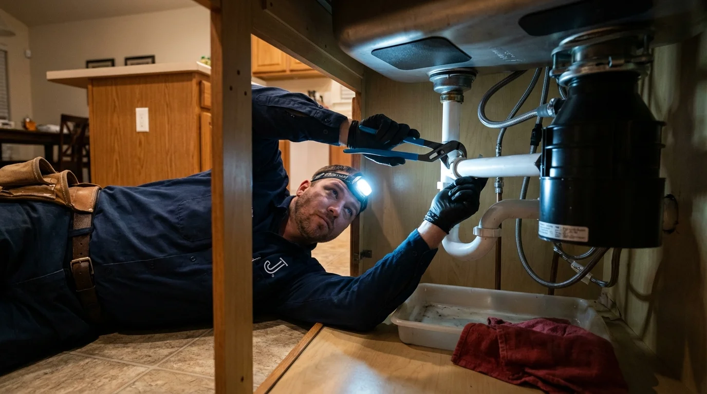 P-trap and supply line connections under a kitchen sink showing a common leak point in Valdese, NC